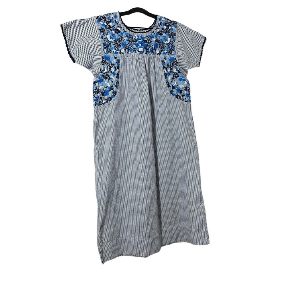 Read- Sister Mary Dress “Mary” Blue White Striped Short Sleeve Embroidered‎ S